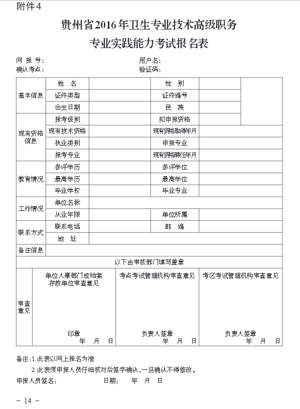 2016年貴州省衛(wèi)生專業(yè)技術(shù)高級職務(wù)專業(yè)實踐能力考試報名表