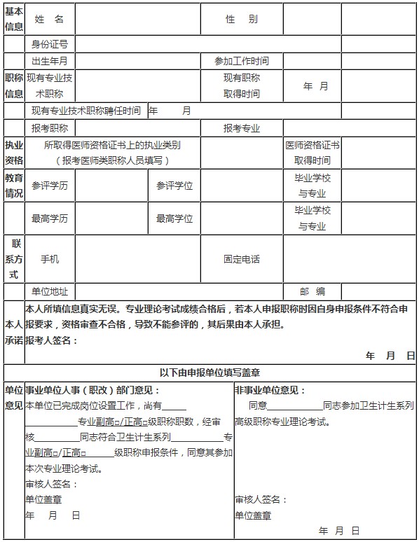 2016年度湖南省衛(wèi)生計生系列高級職稱專業(yè)理論考試報名表