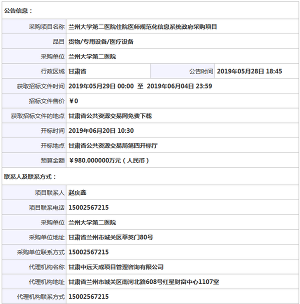 蘭州大學(xué)第二醫(yī)院住院醫(yī)師規(guī)范化信息系統(tǒng)政府采購項目公開招標(biāo)