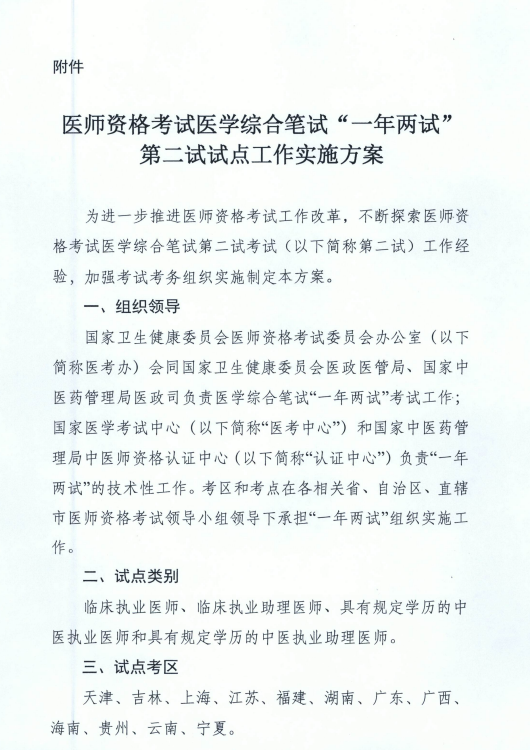 國家衛(wèi)健委關(guān)于在天津等12個(gè)考區(qū)開展“一年兩試”試點(diǎn)工作的通知！