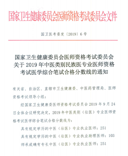 國家衛(wèi)健委關于2019年中醫(yī)民族醫(yī)專業(yè)醫(yī)師資格考試合格分數(shù)線通知