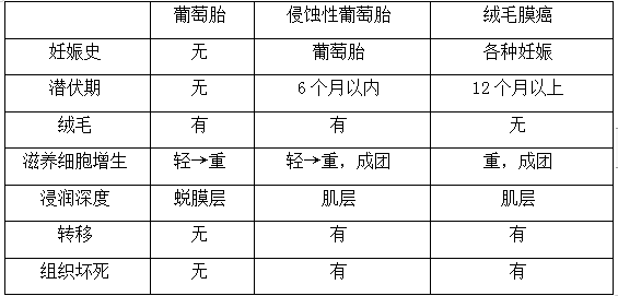 絨癌、侵蝕性葡萄胎、葡萄胎的鑒別