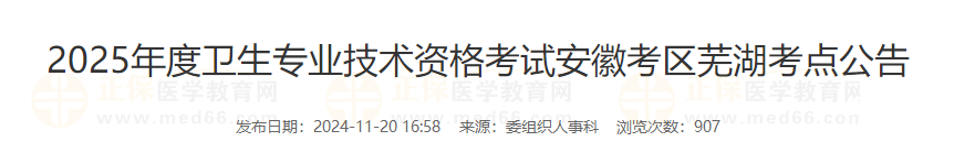 2025年度衛(wèi)生專業(yè)技術(shù)資格考試安徽蕪湖考點(diǎn)公告2024-11-21 093628